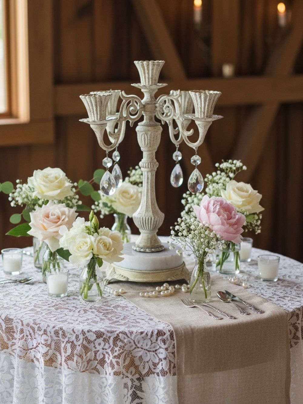 Vintage Ivory & Gold Metal Candelabra with Crystal Drops and Marble Footed Base